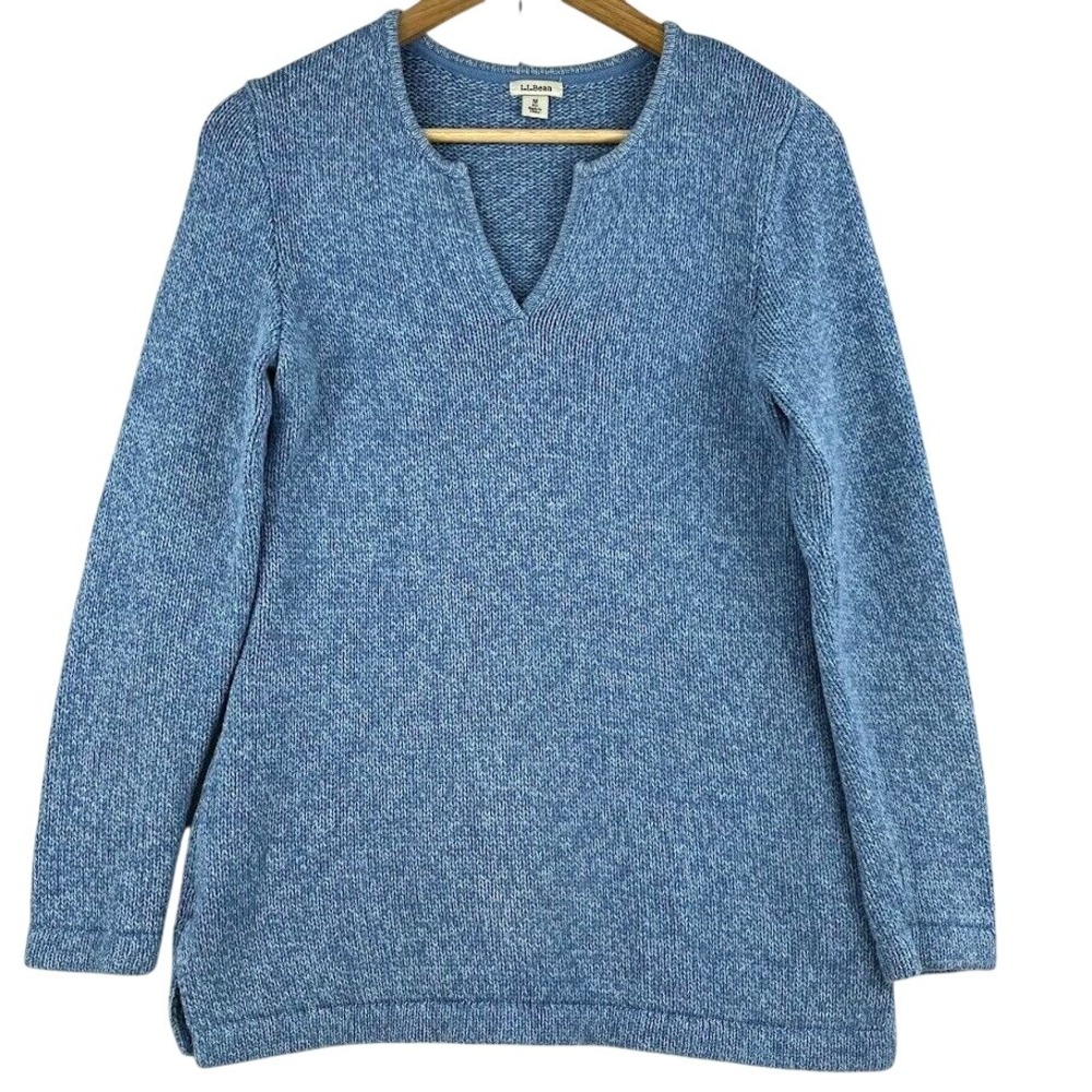LL‎ Bean Women's Medium Heavy Knit 100% Cotton Split Neck Pullover Sweater Blue